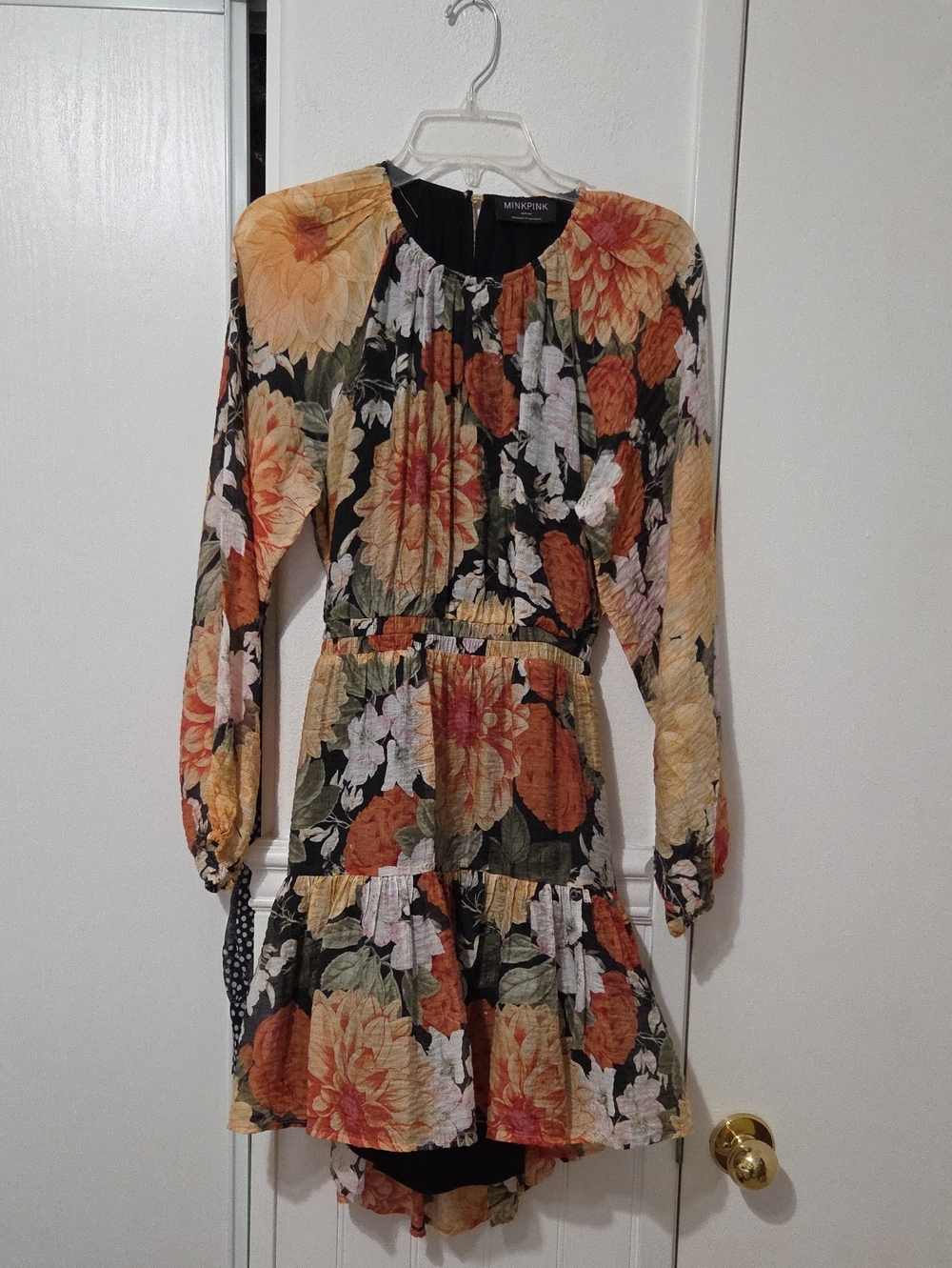 MINKPINK Black Floral Long-Sleeve Tiered Mini Dress with Yellow & Orange Blooms